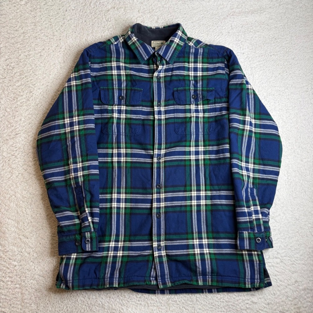 LL Bean Mens Fleece Lined Flannel Shirt Jacket Blue Green Plaid L Tall 252749
